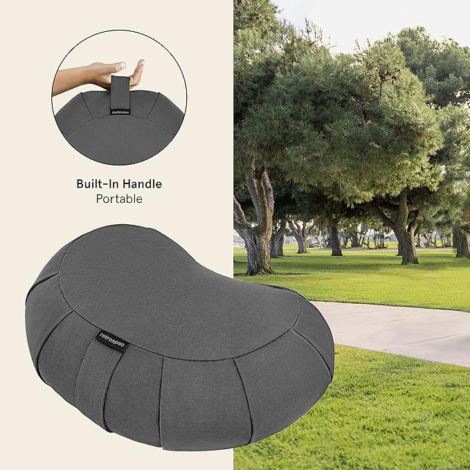 Retrospec Sedona Zafu Meditation Cushion with Buckwheat Hull Fill - Adjustable Yoga & Pilates Equipment Support - 17in Crescent Cotton Cover