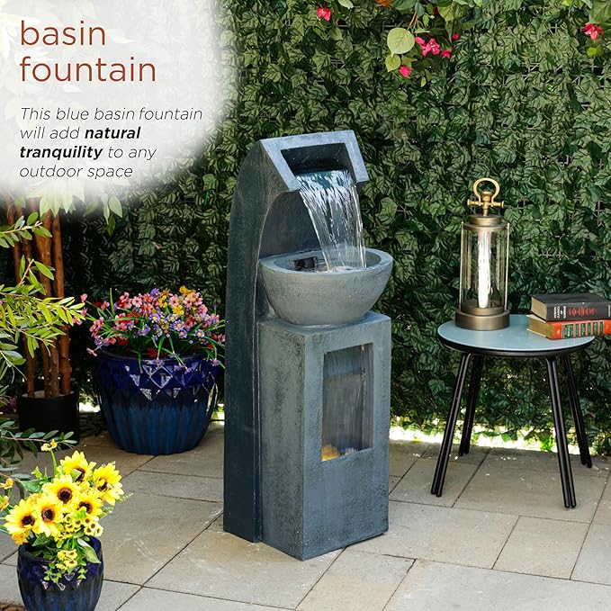 Alpine Corporation TZL380 Outdoor Basin Waterfall Floor Fountain with LED Lights for Garden, Patio, Lawn and Backyard Decor, 41" H, Gray - Bloomnest