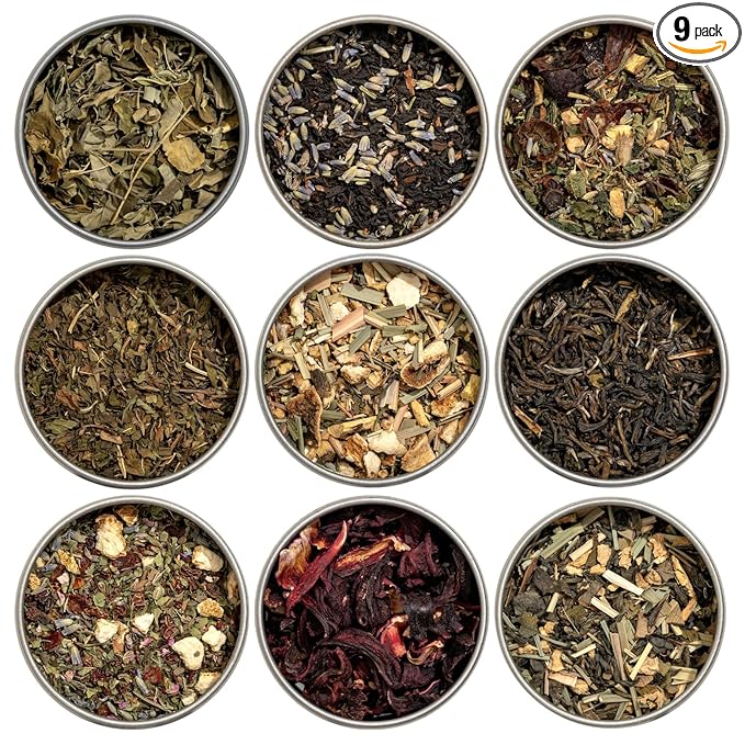 Heavenly Tea Leaves Organic Wellness Tea Sampler (Approx. 90 Cups of Tea), 9 Assorted Loose Leaf Teas & Herbal Tisanes - Great Hot or Iced, High & No Caffeine Teas, Gift Ideas for Her - Bloomnest