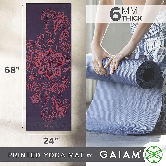 Gaiam Yoga Mat - Premium 6mm Print Extra Thick Non Slip Exercise & Fitness Mat for All Types of Yoga, Pilates & Floor Workouts (68"L x 24"W x 6mm Thick) - Bloomnest