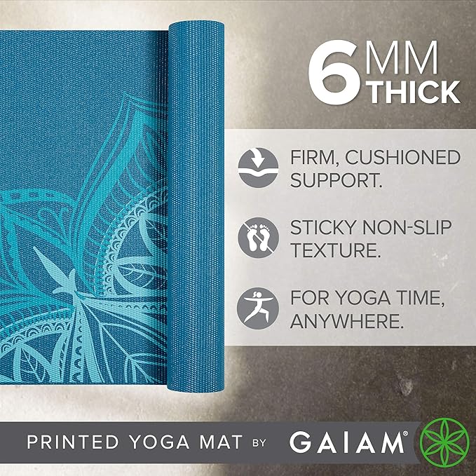 Gaiam Yoga Mat - Premium 6mm Print Extra Thick Non Slip Exercise & Fitness Mat for All Types of Yoga, Pilates & Floor Workouts (68"L x 24"W x 6mm Thick) - Bloomnest