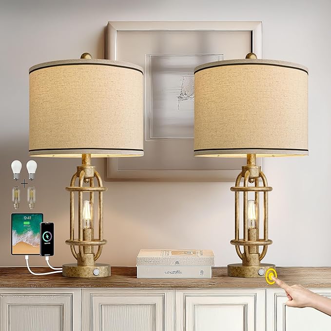23.75'' Table Lamps Set of 2 for Living Room Bedroom Industrial Farmhouse Metal Touch Lamps with USB A+C Ports, Night Light Vintage Nightstand Bedside Lamp, Bulbs Included, Champagne Gold - Bloomnest