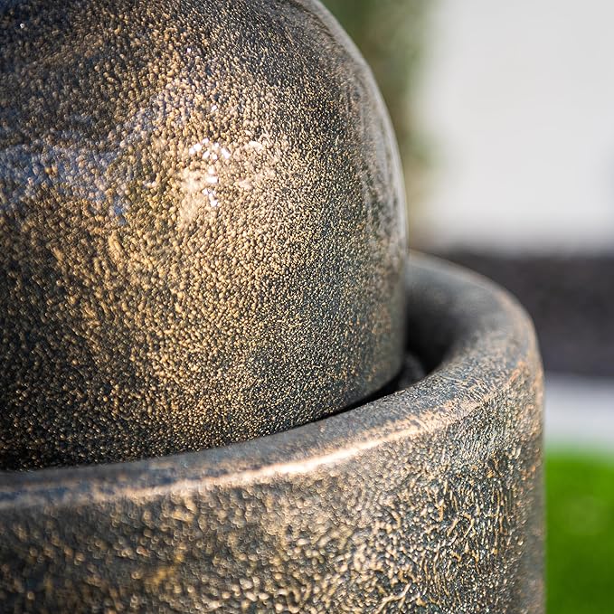XBrand 25.98" H Round Stone Indoor/Outdoor Modern Stone Textured Sphere Water Fountain w/LED Lights, Bronze - Bloomnest