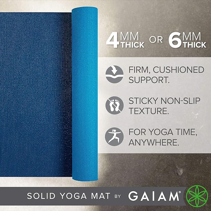 Gaiam Solid Color Yoga Mat, Non Slip Exercise & Fitness Mat for All Types of Yoga, Pilates & Floor Exercises - Bloomnest