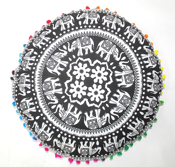 CRAFT KALA Large Round Bohemian Floor Pillow Pouf Cover Mandala Meditation Room Pillow Cover for Adults Boho Seating Poufs Cushion Cover for Kids Playroom 32" Round Black Elephant - Bloomnest