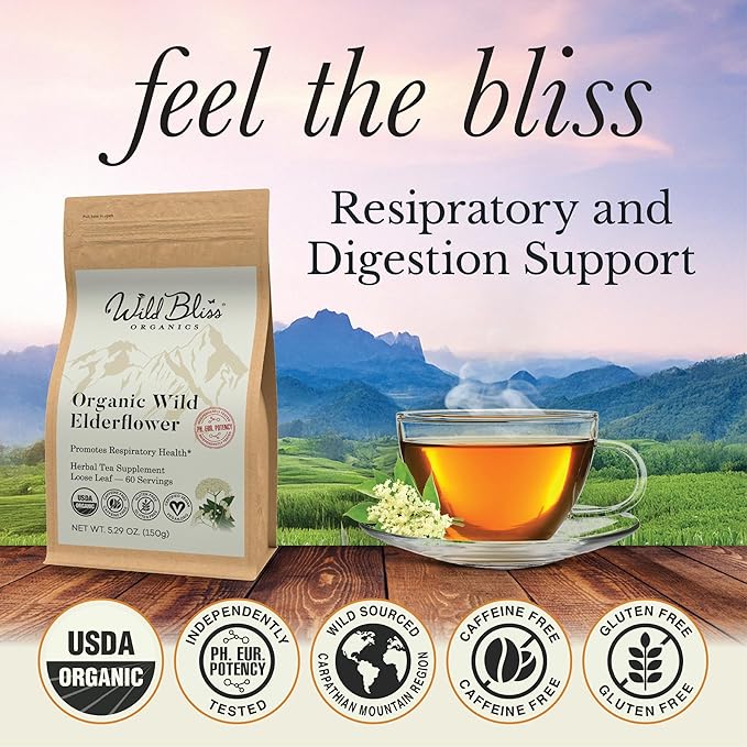 Wild Bliss Organic Elderflower Tea – Immune and Respiratory Support - Caffeine Free Loose Leaf Elder Flowers - 5.29 Ounces - 60 Servings - Bloomnest