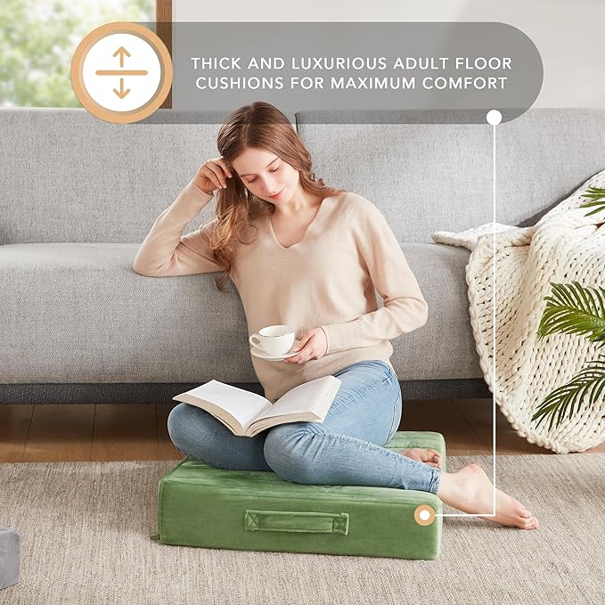 Codi Floor Cushions for Adults, Large Meditation Pillows with Thick Foam and Soft Tufted Covers, Washable Square Seating for Couch and Yoga Sitting, 22×22×5 inch Green