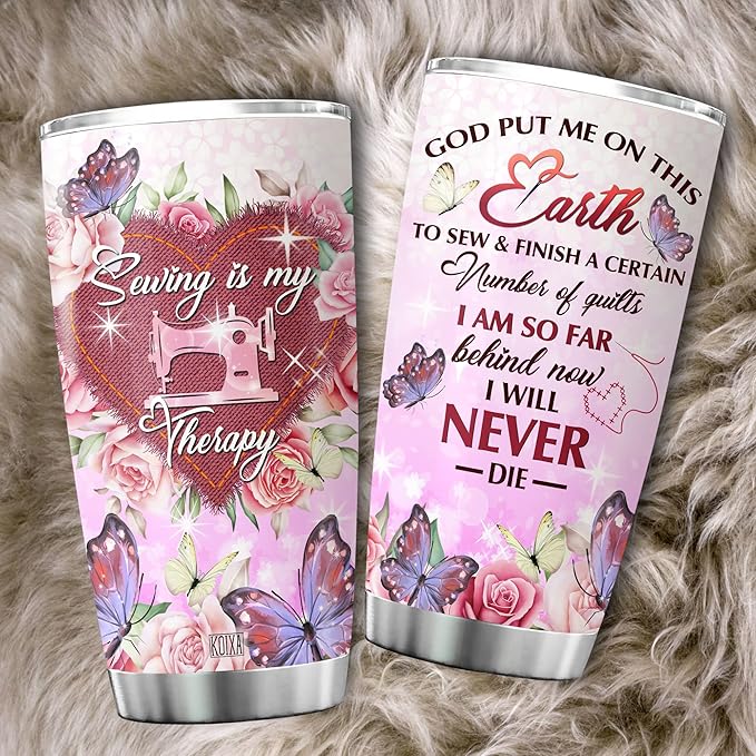 Sewing Is My Therapy Stainless Steel Tumbler 20 Oz Flower Butterfly Christmas Gifts For Quilters And Sewers Women Birthday Insulated Cup With Lid Coffee Mugs About Quilting - Bloomnest