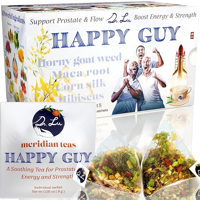 Dr. Lu’s Happy Tea for Guy | 100% Natural Energy Tea for Men | Supports Prostate, Vitality & Fertility | 11-Herb Blend with Maca, Corn Silk & Hibiscus in Corn Fiber Tea Bags Made in USA - Bloomnest