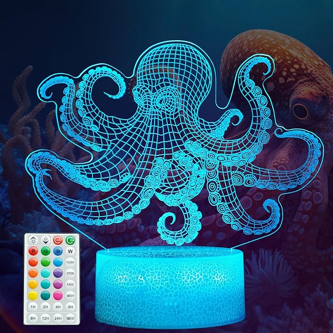 Octopus Night Light, 3D Illusion Night Light Lamp, Octopus Stuff with 16 Colors Changing, Timer, 4 Flash Modes and Dimmable, Kids Room Decoration, Xmas Gifts - Bloomnest