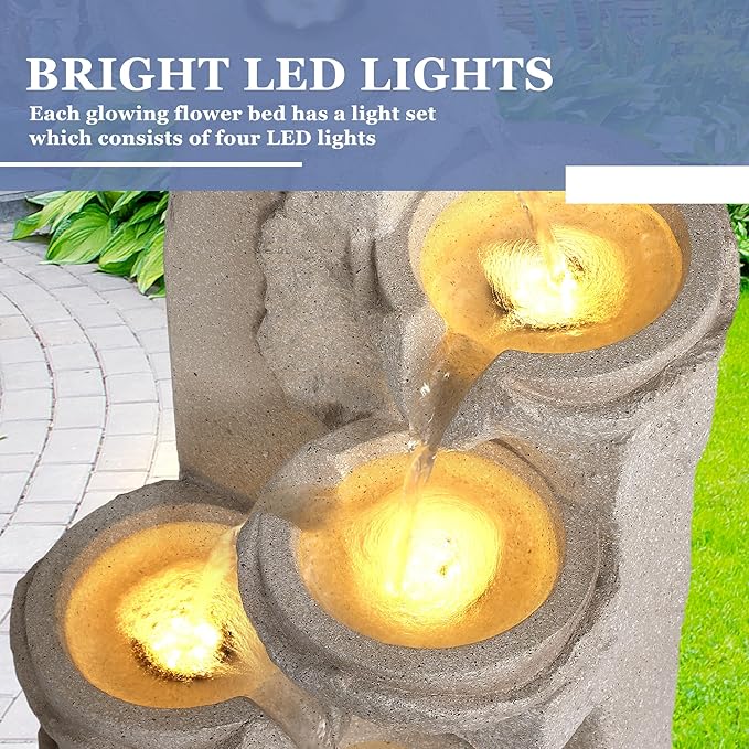 Grepatio Outdoor 5-Tiers Cascading Rock Water Fountain, Waterfall Fountain with 5 LED Lights, Beige Bowl Feature Fountains and Waterfalls for Garden or Patio, Yard, and Deck Decor - Bloomnest