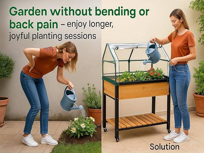 GOJ Raised Garden Bed Wood 48x24x32 inch with Greenhouse & Lockable Wheels - Elevated Wood Planter Box for Outdoors Vegetable Flower Bed Herb Planter - 400 lbs Capacity - Bloomnest