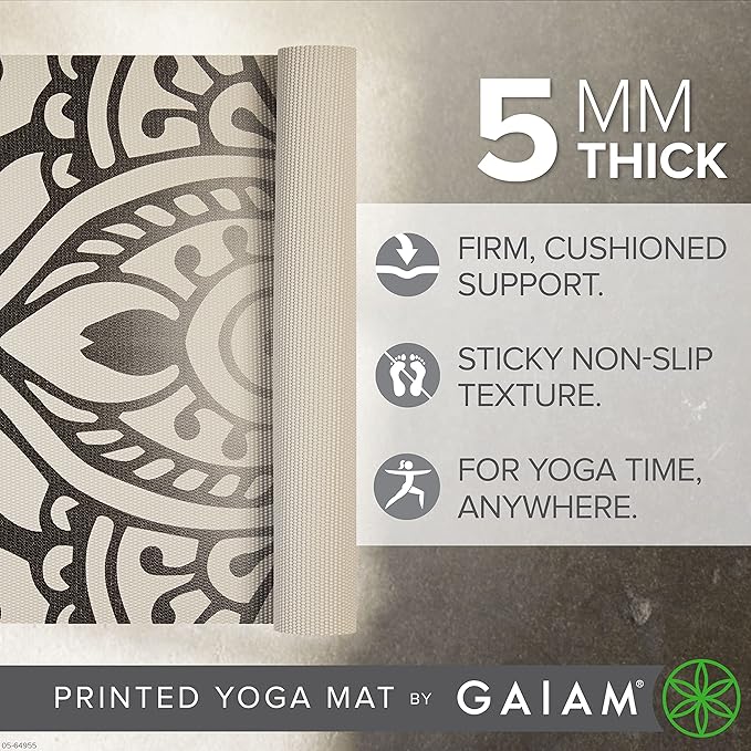 Gaiam Yoga Mat - Premium 5mm Print Thick Non Slip Exercise & Fitness Mat for All Types of Yoga, Pilates & Floor Workouts (68" x 24" x 5mm) - Bloomnest