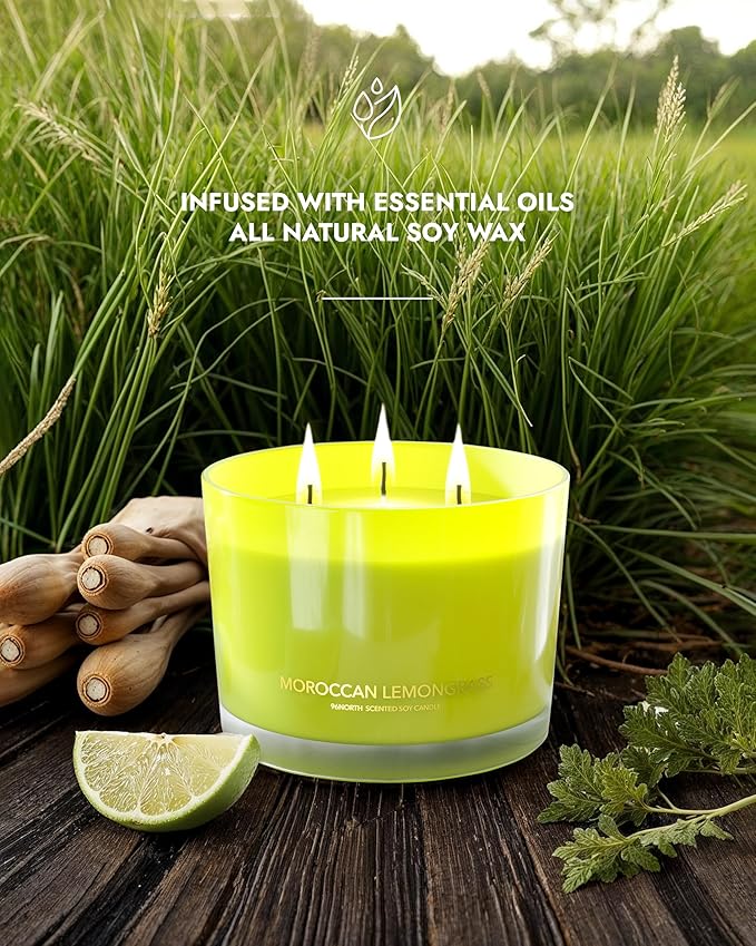 96NORTH Luxury Lemongrass Candle | Large 3-Wick Jar Candle | Up to 40 Hours Burning Time | 100% Natural Soy Wax | Relaxing Aromatherapy Aesthetic Candle | Housewarming Gift for Men and Women - Bloomnest