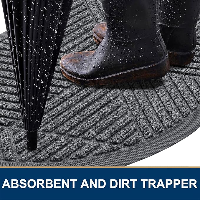 Smiry Half Circle Front Door Mat Outside Entrance, Heavy Duty Sturdy Natural Rubber Doormat, Trap Dirt and Moisture, Low Profile Mats for Indoor Outdoor Entry, Irregular Triangle (29.5x17, Grey) - Bloomnest