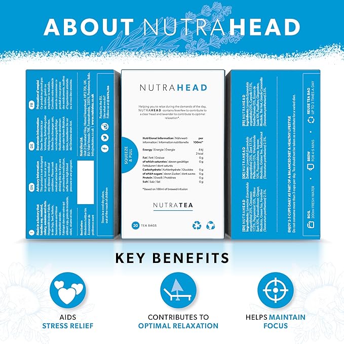 NUTRAHEAD - Migraine Relief Tea | Headache Relief Tea - For Migraine & Tension Headache Relief - Includes Feverfew, Willow Bark & Rhodiola - 20 Enveloped Tea Bags - by Nutra Tea - Herbal Tea - Bloomnest