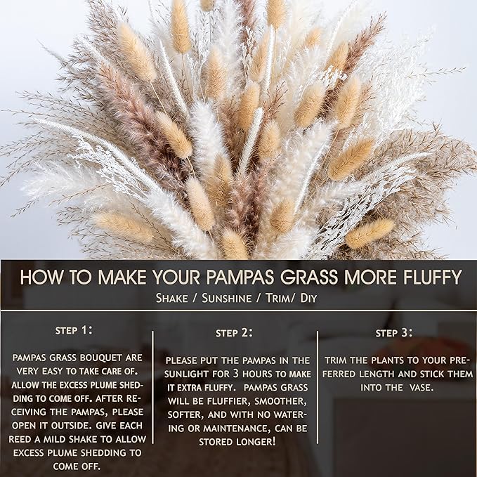 150pcs Pampas Grass + 1 White Ceramic vase + 1 Wood Bead Garland , Boho Home Decor Bouquet Phragmites Dried Flowers Bouquet for Wedding Floral Arrangements Home Decorations - Bloomnest