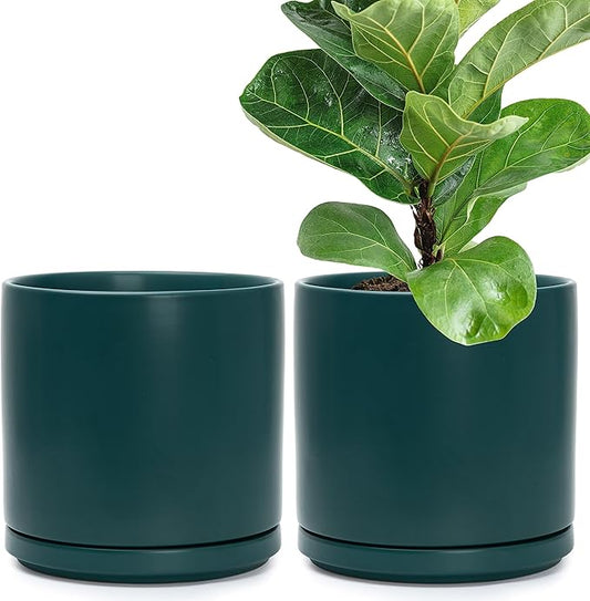 D'vine Dev Set of 2 Plants Pots, 10 Inch Ceramic Planter Pot for Plants with Drainage Hole and Saucer, Teal, 94-V-E-9 - Bloomnest