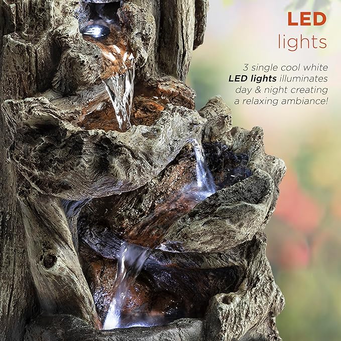 Alpine Corporation | 14"H Indoor Tiered Log Tabletop Fountain with LED Lights — Cascading Waterfall Design Creates Relaxing Ambiance for Home & Office Décor - Bloomnest