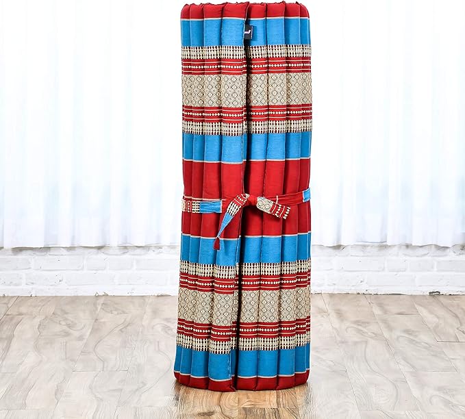 Leewadee - Kapok Roll Mat – Handcrafted Folding Sleep & Relaxation Mattress from Thailand, Ideal as Guest Bed, Camping Mat, Yoga Mat or Traditional Futon, 75 x 39 inches, Blue Red - Bloomnest
