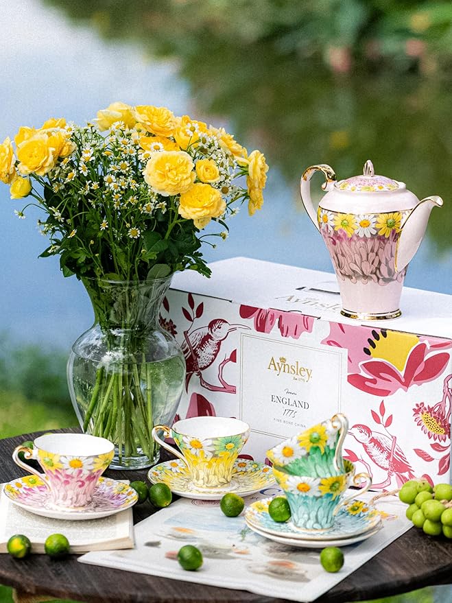 Aynsley Corset Daisy 9-Piece Tea Set with Pink Teapot & Fine Bone China Tea Cups and Saucer Set, English Floral Design with Gold Trim, Luxury Gift - Bloomnest