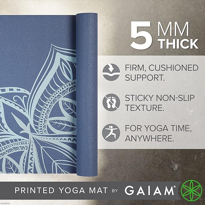 Gaiam Yoga Mat - Premium 5mm Print Thick Non Slip Exercise & Fitness Mat for All Types of Yoga, Pilates & Floor Workouts (68" x 24" x 5mm) - Bloomnest