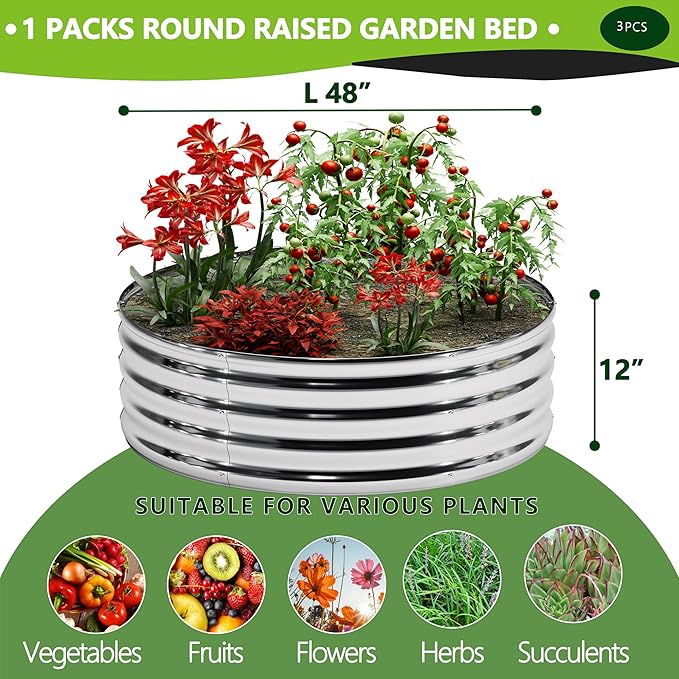 3PCS 4x4x1FT Galvanized Raised Garden Bed Kit,Vegetable Boxes-Round Metal Flower Box,Large Planter Raised Beds Outdoor Garden for Planting,Fruit,Herb-Sliver - Bloomnest