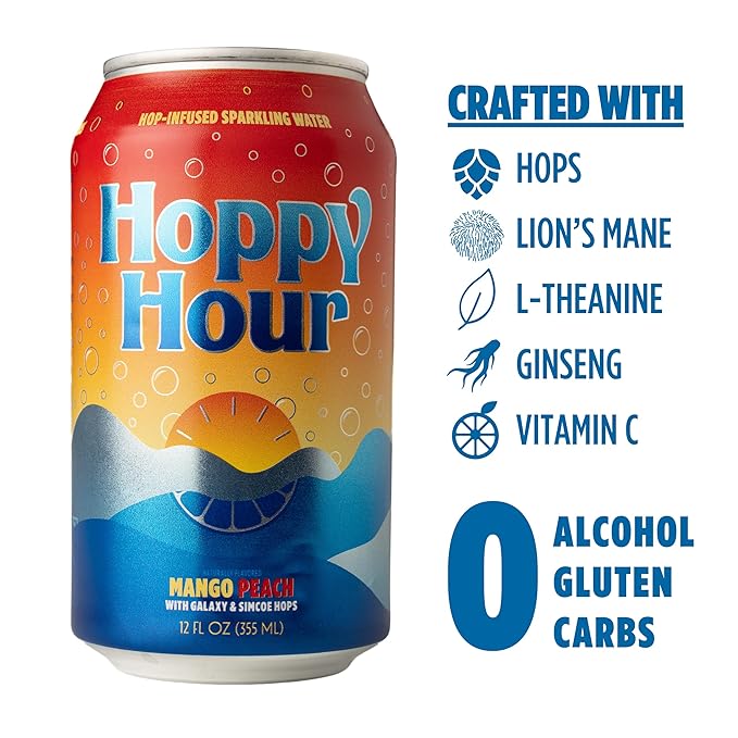 Hoppy Hour Sparkling Hop Water, Non-Alcoholic and Adaptogens Drink, Zero Sugar and Calories, Refreshing Mango Peach Flavor, 12 oz Cans (12-Pack) - Bloomnest