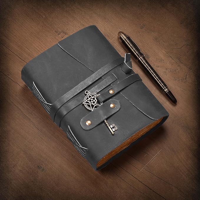 LEATHER VILLAGE Leather Bound Vintage Journal for Women & Men - 7"X5"(A7), Distressed Black, 200 Pages of Handmade Deckle Edges Watercolor Paper - Antique Lock Closure - Book of Shadow - Bloomnest