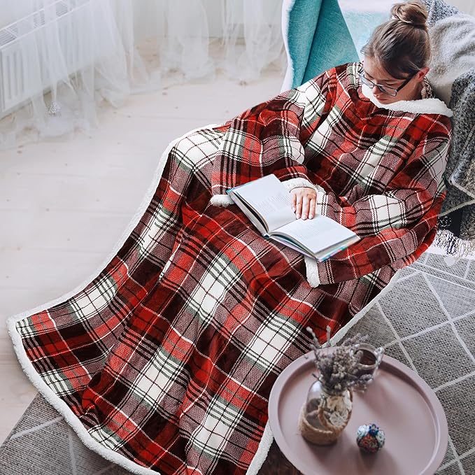 Tirrinia Sherpa Wearable Blanket With Sleeves, Full Body Throw Reading Wrap TV Blankets - Bloomnest