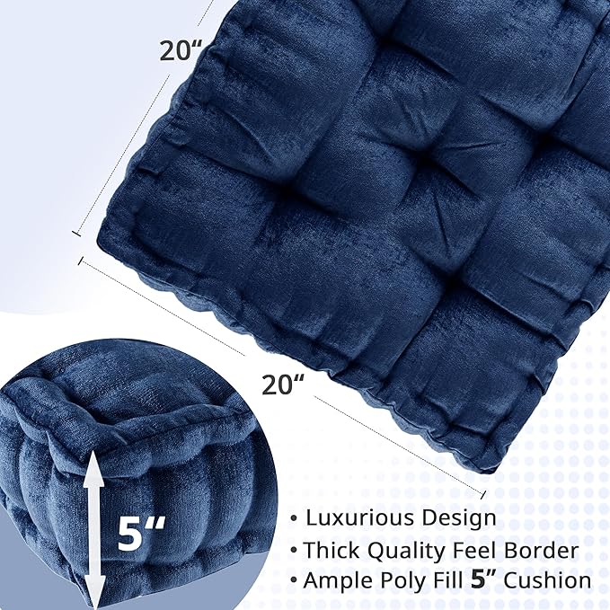 Intelligent Design Azza Floor Pillow, Large Cushions Sitting for Adults, Floor Pillow for Meditation or Yoga, Lustrous Chenille Tufted with Scalloped Edges for Bench/Chair Cushion, 20"x20"x5" Navy