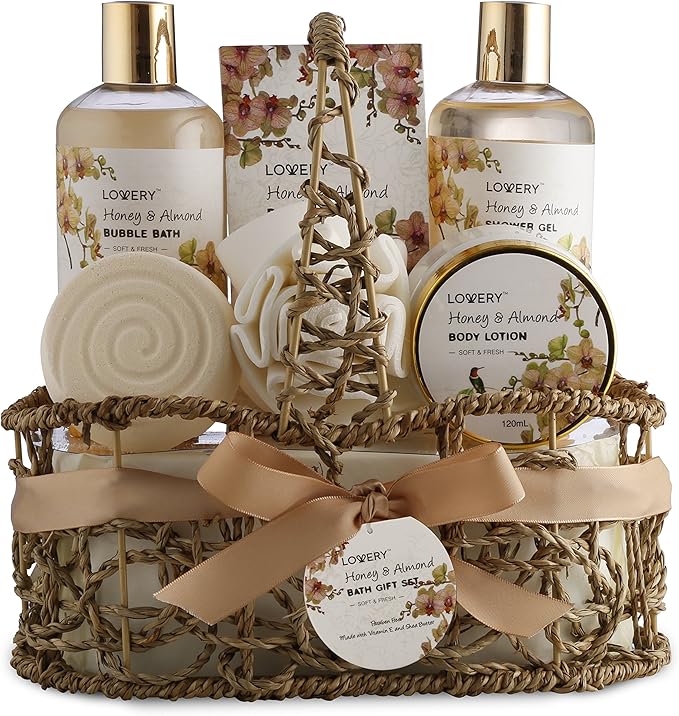Womens Gifts, Gift Baskets for Women Who Have Everything, Home Spa Honey & Almond Scent, Luxury Bath & Body Set - Shower Gel, Bubble Bath, Body Lotion, Salts, Bath Bomb, Bath Puff & Handmade Basket - Bloomnest