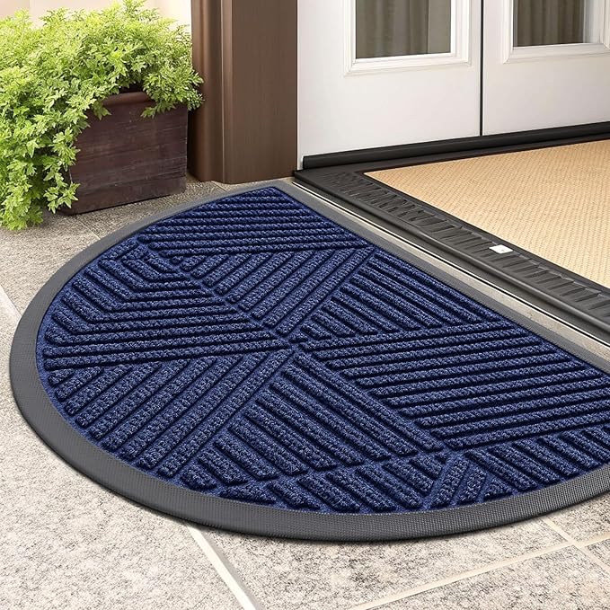 Smiry Half Circle Front Door Mat Outside Entrance, Heavy Duty Sturdy Natural Rubber Doormat, Trap Dirt and Moisture, Low Profile Mats for Indoor Outdoor Entry, Irregular Triangle (29.5x17, Navy Blue) - Bloomnest