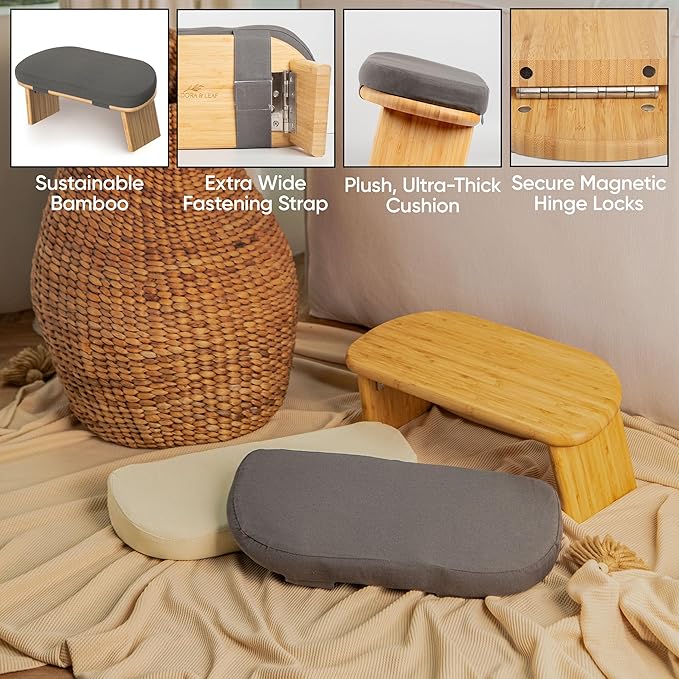 Meditation Chair w/ Extra Thick Cushion - Portable Bamboo Meditation Bench w/ Magnetic Locking Hinge - Anterior Tilt Seiza Bench Ideal for Comfortable & Stable Meditation - Sleek Canvas Kneeling Chair - Bloomnest