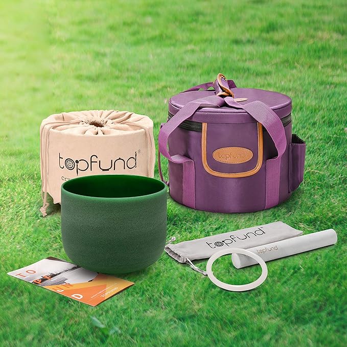 TOPFUND Green F Note Crystal Singing Bowl Heart Chakra 10" with Heavy Duty Carrying Case and Suede Mallet