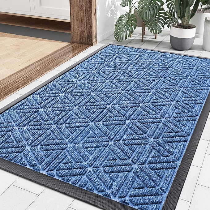Smiry Front Door Mat Outside Entrance, Heavy Duty Sturdy Natural Rubber Doormat, Trap Dirt and Moisture, Easy Clean Low Profile Mats for Indoor Outdoor Entry, Grid Geometric (36x24, Blue) - Bloomnest