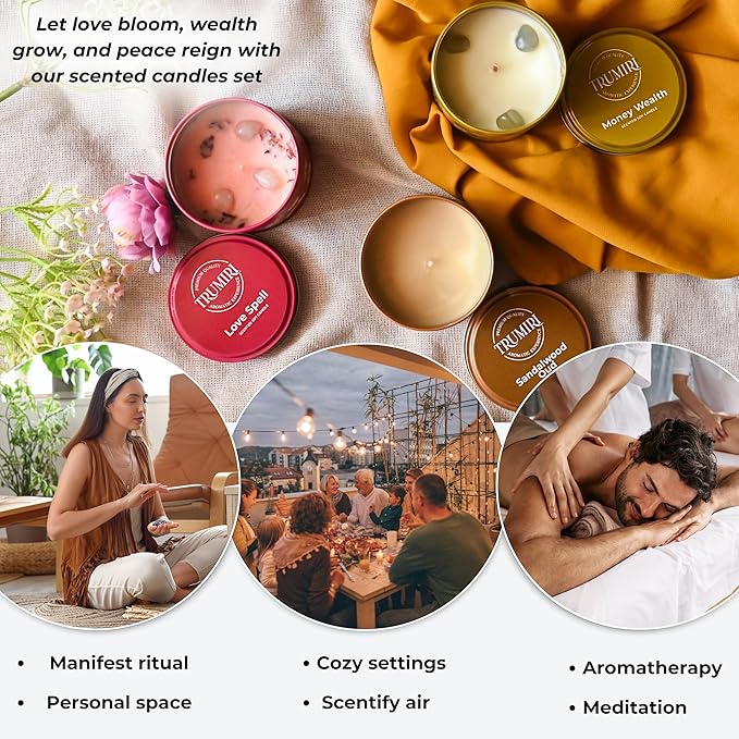 Love Spell, Money Wealth, Sandalwood Oud - Soy Candles Non Toxic - Highly Scented Long Lasting with Essential Oils - Variety Pack of 3 x 5oz - for Home Aromatherapy Meditation Gift Travel TRUMIRI
