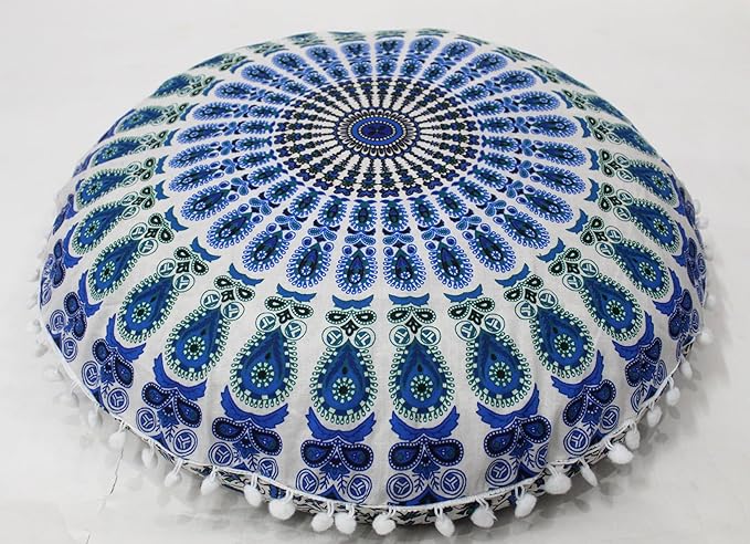 CRAFT KALA Large Round Bohemian Floor Pillow Pouf Cover Mandala Meditation Room Pillow Cover for Adults Boho Seating Poufs Cushion Cover for Kids Playroom 32" Round Green Sky Peacock - Bloomnest