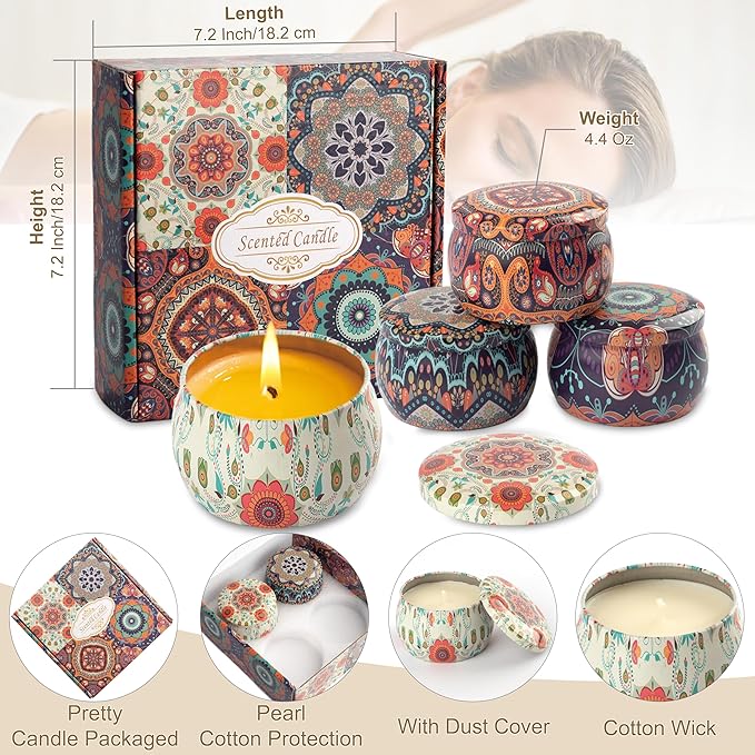 Scented Candles Gift Set - Women Candle Set Natural Soy Wax Aromatherapy Candle Small Gifts 120H Burn Time Candle 4 Pack 4.4 Oz for Christmas Birthday Mum Girl Teacher Mothers Day Bath - Bloomnest
