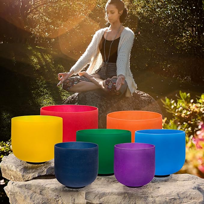 TOPFUND 432 Hz Chakra Set of 7 Color Crystal Singing Bowls 6-10 inch with Heavy Duty Carrying Cases and Singing Bowl Mallets - Bloomnest