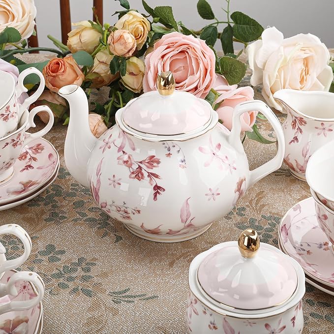 fanquare 21 Pieces British Porcelain Tea Set with Gold Trim, Pink Autumn Leaves Floral Tea Sets for Women Tea Party, 6 Teacup and Saucers for Coffee Home Wedding - Bloomnest