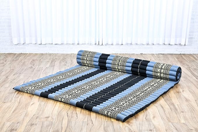 Leewadee - Foldable Floor Mattress - Japanese Roll Up Futon -Trifold Tatami Mat- Guest Floor Bed - Camping Mattress - Thai Massage Mat, Kapok Filled, 75 x 57 inches, Blue - Bloomnest