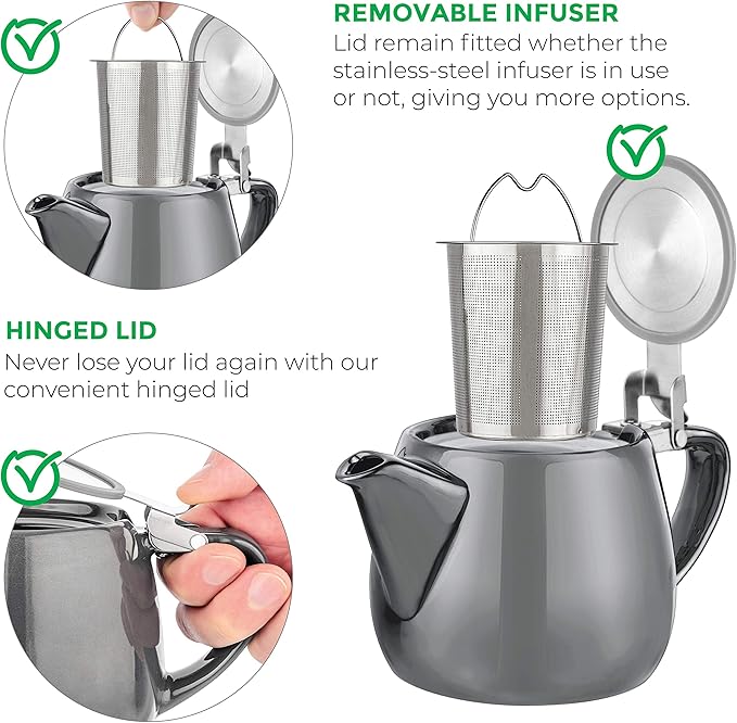 Tealyra - Pluto Porcelain Small Teapot Grey - 18.2-ounce (1-2 cups) - Unique Finish - Stainless Steel Lid and Extra-Fine Infuser To Brew Loose Leaf Tea - 540ml - Bloomnest