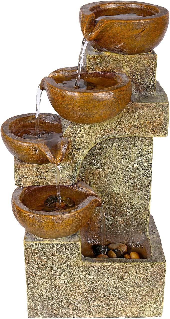 Alpine Corporation WCT726 Indoor/Outdoor Tabletop Tiered Pouring Pots Waterfall Fountain with Natural Stone Look, 16", Brown - Bloomnest