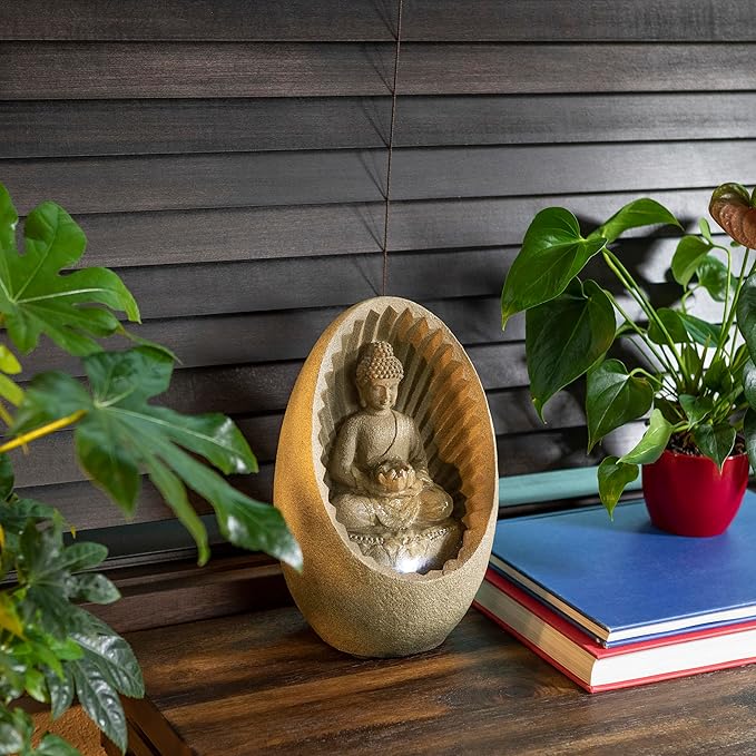 Alpine Corporation WIN322 Indoor/Outdoor Tabletop Buddha Fountain with LED Lights, Soothing Buddha Garden Fountain 11", Beige - Bloomnest