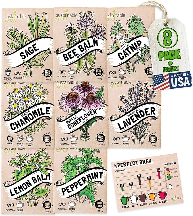 Sustainable Sprout Medicinal Tea Seeds, 8 Variety Pack Herbal Tea Heirloom Seeds, Catnip, Lavender, Peppermint, Lemon Balm, Bee Balm, Echinacea, Sage & Chamomile for Planting, Homesteading Essentials - Bloomnest