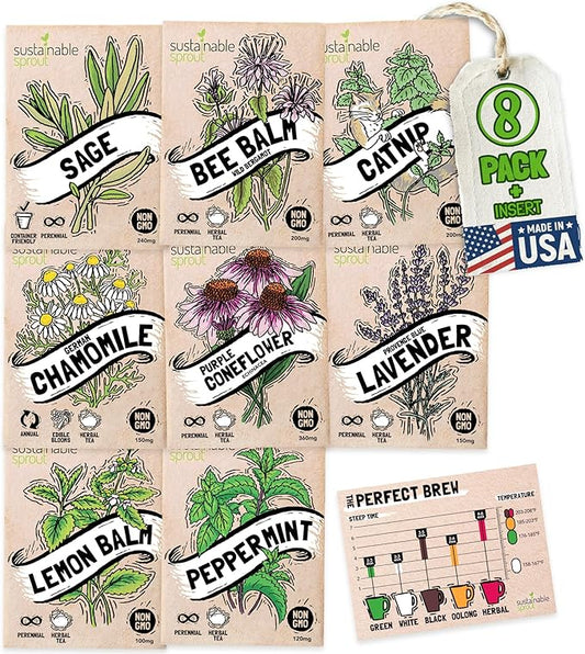 Sustainable Sprout Medicinal Tea Seeds, 8 Variety Pack Herbal Tea Heirloom Seeds, Catnip, Lavender, Peppermint, Lemon Balm, Bee Balm, Echinacea, Sage & Chamomile for Planting, Homesteading Essentials - Bloomnest