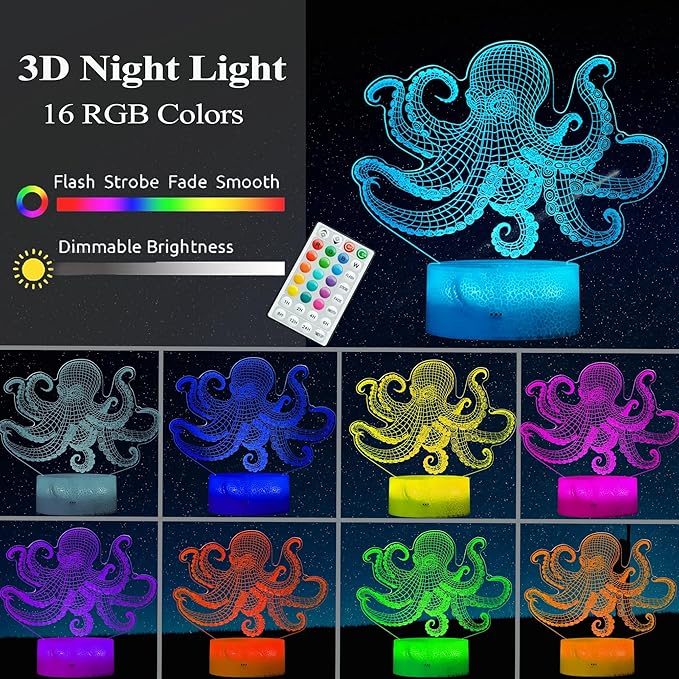 Octopus Night Light, 3D Illusion Night Light Lamp, Octopus Stuff with 16 Colors Changing, Timer, 4 Flash Modes and Dimmable, Kids Room Decoration, Xmas Gifts - Bloomnest