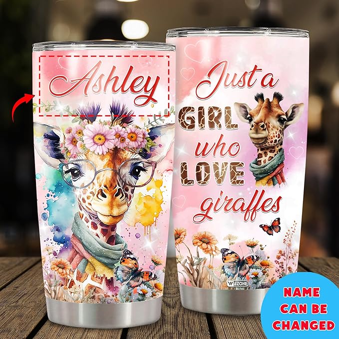 WAZONE Personalized Tumbler Just A Girl Who Loves Giraffes Flower Cute Animal Insulated Stainless Steel Giraffe Coffee Cup Travel Mug With Lid Custom Name 20oz 30oz Birthday Gifts For Girls - Bloomnest