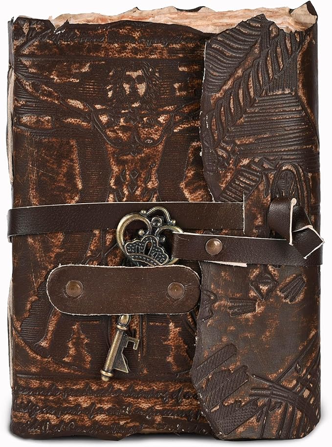 LEATHER VILLAGE Genuine Leather Handmade Journal for Men & Women – Vitruvian Man Embossed Cover – Key Closure – Book of Shadow – Vintage Deckle Edge Paper for Writing, Drawing – 7x5 Inches – Brown - Bloomnest